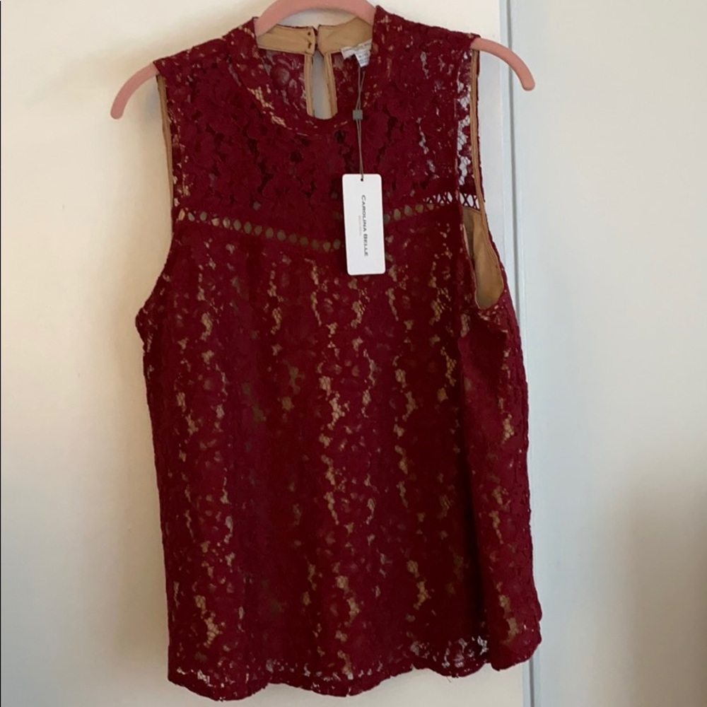 Lace Sleeveless Blouse Top Wine Sheer Lined XL NWT